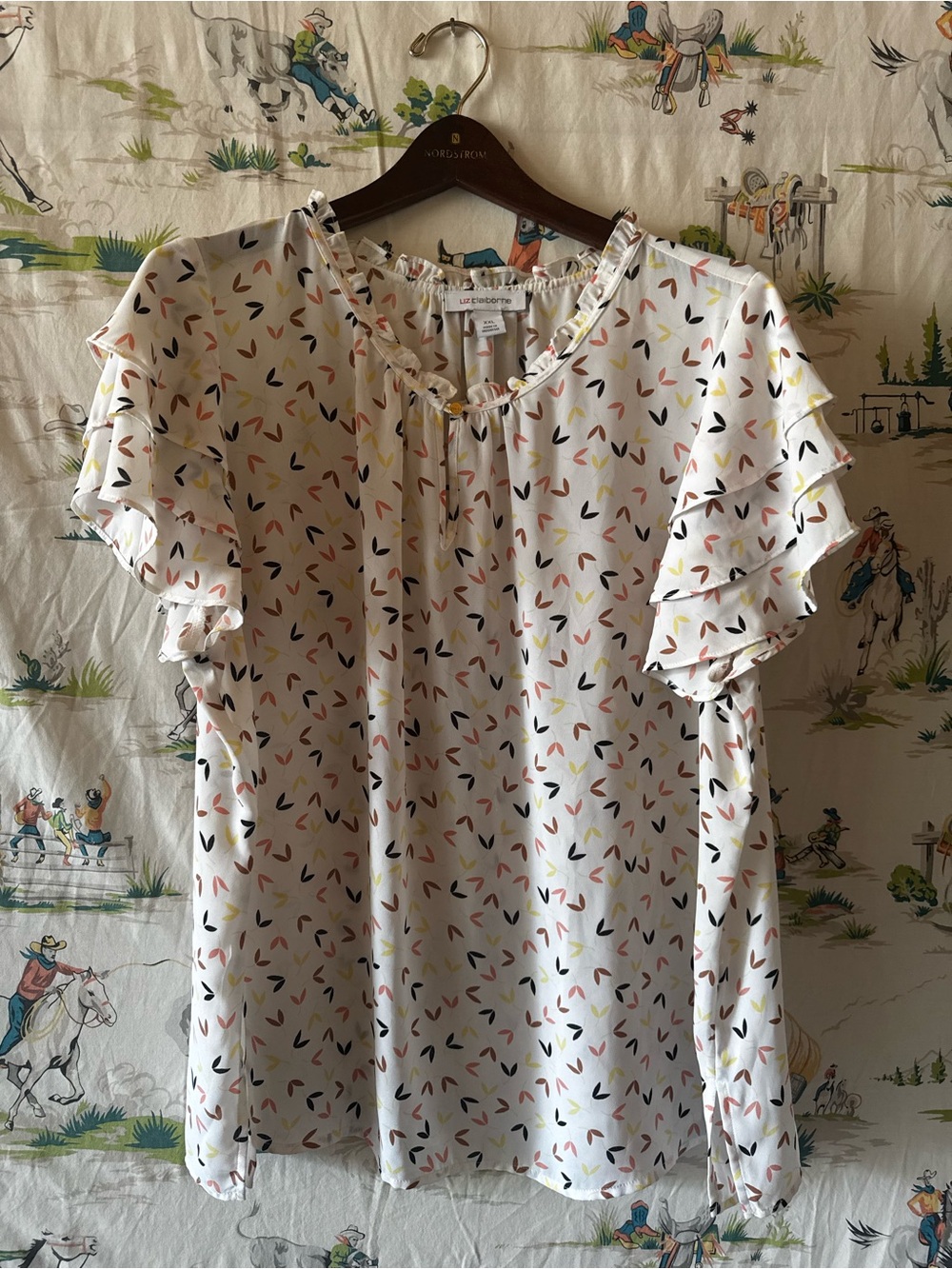 Liz Claiborne White Blouse with Pink, Yellow, Brown and Black Confetti Print XXL